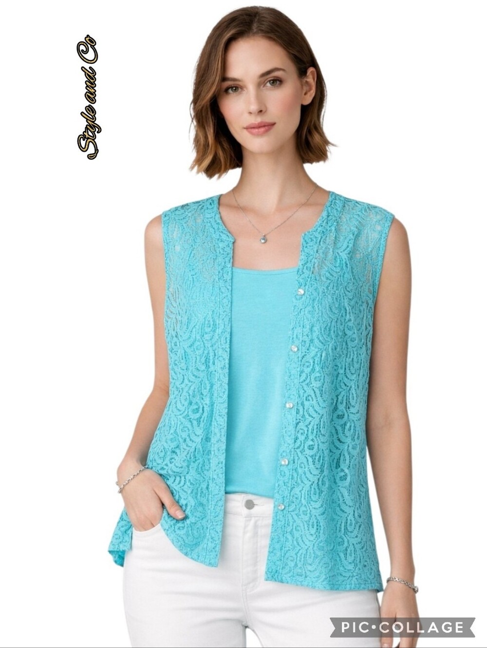 Style & Co tank top 2 piece aqua & lace vest sleeveless button+ pocket nwt
